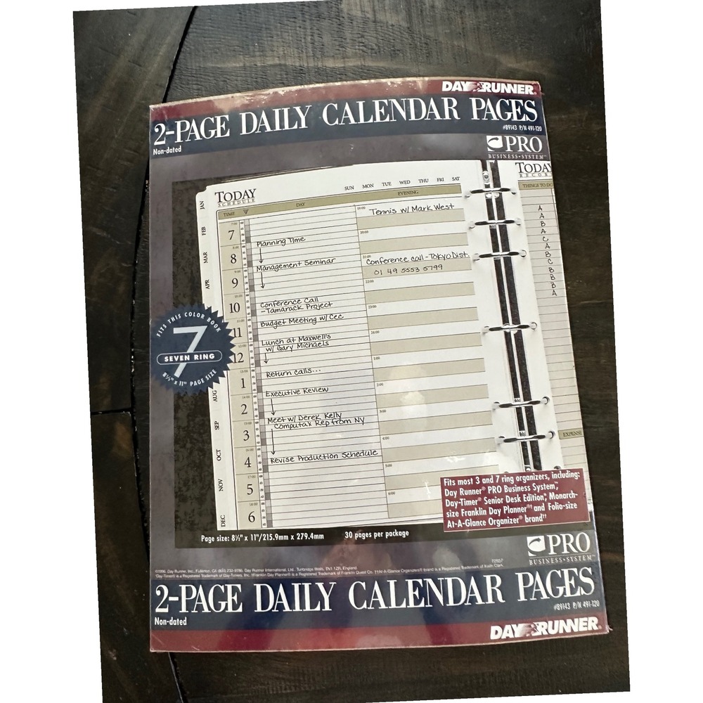 Day Runner PRO 2-Page Daily Calendar Pages 7-Ring Non-dated 8.5x11 89143 491-120